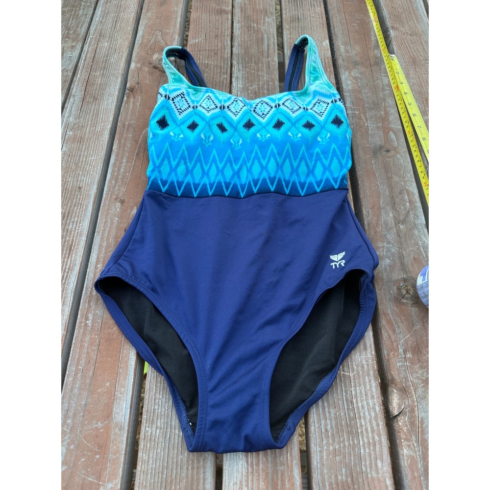 TYR Womens Blue Geometric Print One Piece Swimsuit Size 8 Active Swimwear